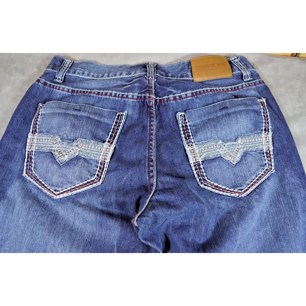 Flypaper Blue Jeans Distressed Mens 33x32 Bootcut Embroidered Pockets
